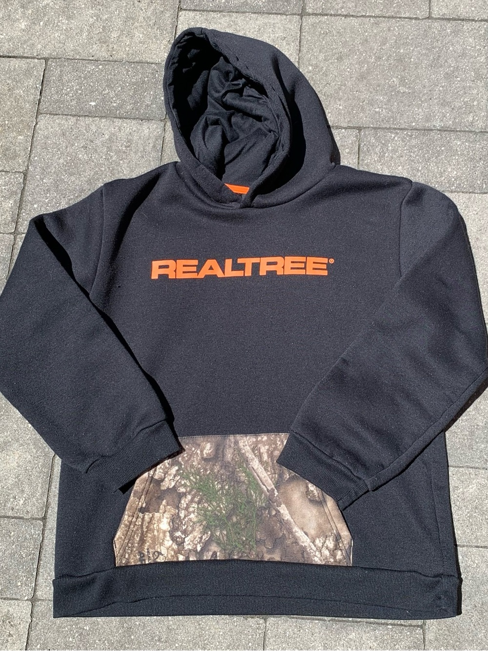 Realtree Black Hoodie with Orange Logo and Camo Pocket Kids Size 18/XL
